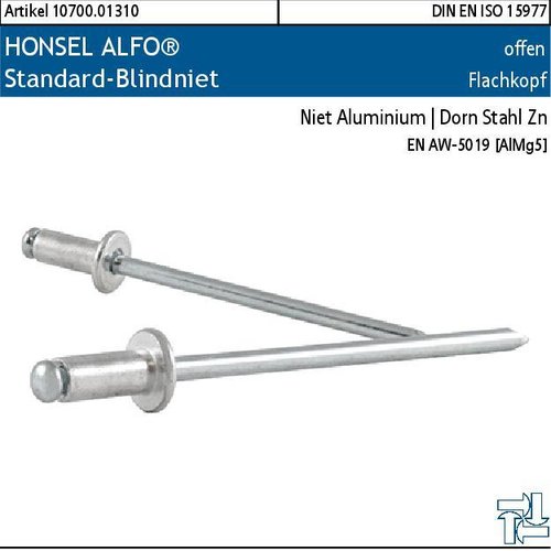 2.010700.01310 - HONSEL ALFO® Standard-Blindniet offen FK, Alu | Stahl Zn