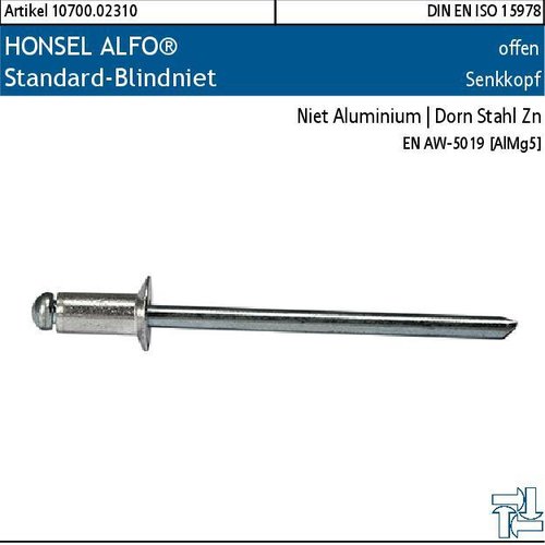 2.010700.02310 - HONSEL ALFO® Standard-Blindniet offen SK, Alu | Stahl Zn