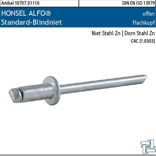 2.010707.01110 - HONSEL ALFO® Standard-Blindniet offen FK, Stahl Zn | Stahl Zn