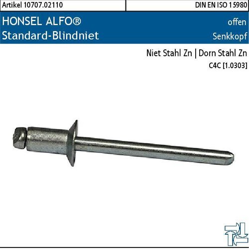 2.010707.02110 - HONSEL ALFO® Standard-Blindniet offen SK, Stahl Zn | Stahl Zn