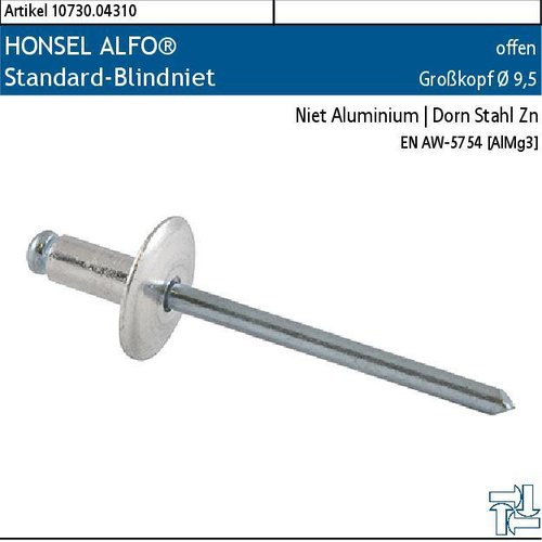 2.010730.04310 - HONSEL ALFO® Standard-Blindniet offen K095, Alu | Stahl Zn