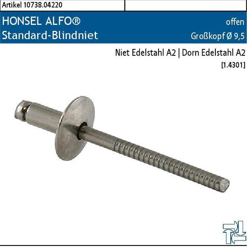 2.010738.04220 - HONSEL ALFO® Standard-Blindniet offen K095, A2 | A2