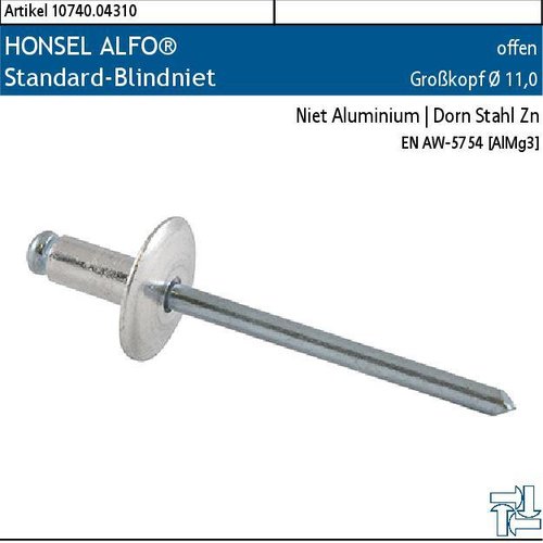 2.010740.04310 - HONSEL ALFO® Standard-Blindniet offen K110, Alu | Stahl Zn