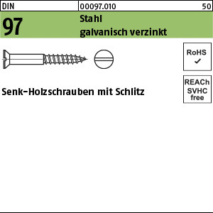 1.000970.01000 - DIN 97  Holzschraube, Flach-Senkkopf, Schlitz, Stahl gal Zn