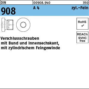 1.009080.94000 - DIN 908  Verschluss-Schraube mit Bund, ISK, zyl. Fein, A4