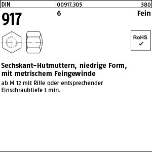 1.009170.30500 - DIN 917  Sechskant-Hutmutter, niedrige Form, Fein, Stahl 6 AU