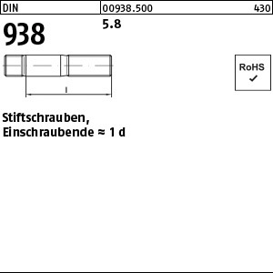 1.009380.50000 - DIN 938  Stiftschraube, Einschraubende = 1d, Stahl 5.8