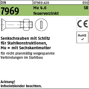 1.079690.42000 - DIN 7969  Flach-Senkschraube, Schlitz, für Stahlk., CE Mu, Stahl 4.6 tZn