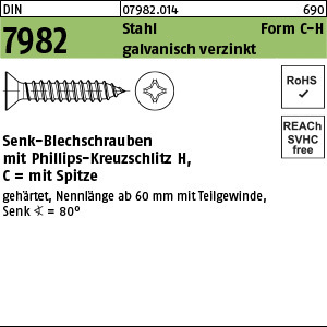 1.079820.01400 - DIN 7982  Blechschraube, Flach-Senkkopf, Form C-H, Stahl geh. gal Zn