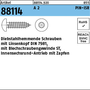1.881140.92000 - ART 88114  Diebstahlhemmende Schraube, Linsenkopf, Innensechsrund, A2