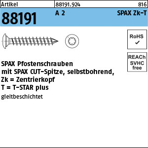 1.881910.92400 - ART 88191  SPAX Pfostenschraube CUT, Zentrierkopf T-STAR plus, A2 gleitb.