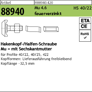 1.889400.42000 - ART 88940  Hammerkopf-/Halfen-Schraube HS 40/22, Mu, Stahl 4.6 tZn