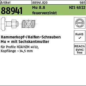 1.889410.82000 - ART 88941  Hammerkopf-/Halfen-Schraube HZS 41/22, Mu, Stahl 8.8 tZn