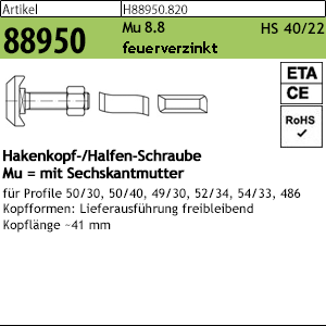 1.889500.82000 - ART 88950  Hammerkopf-/Halfen-Schraube HS 50/30, Mu, Stahl 8.8 tZn